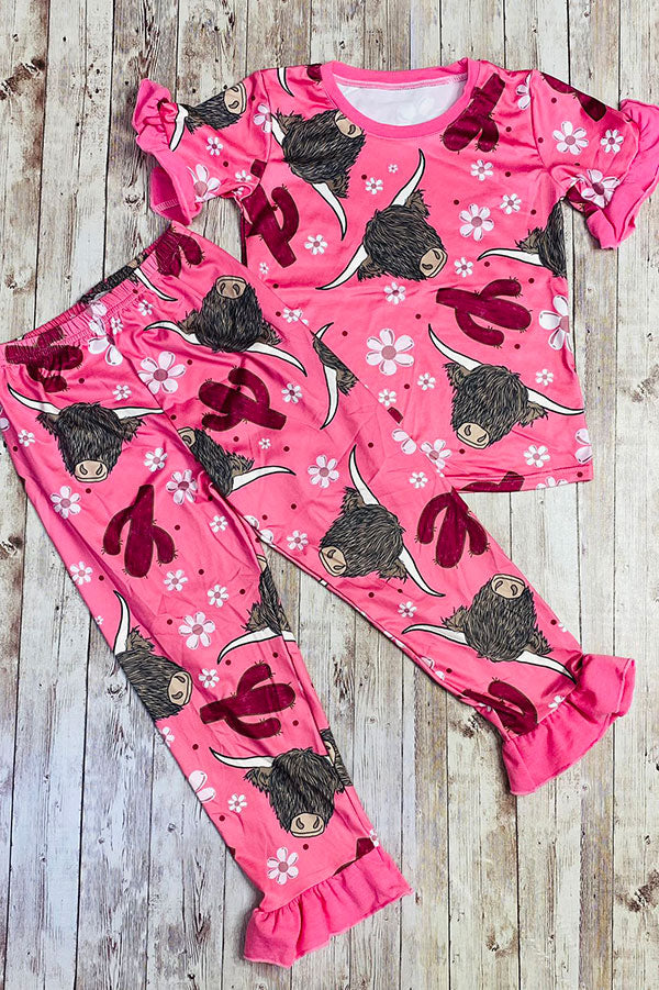 Western pink hippie cow floral printed top & bottom girls boutique set DLH2318