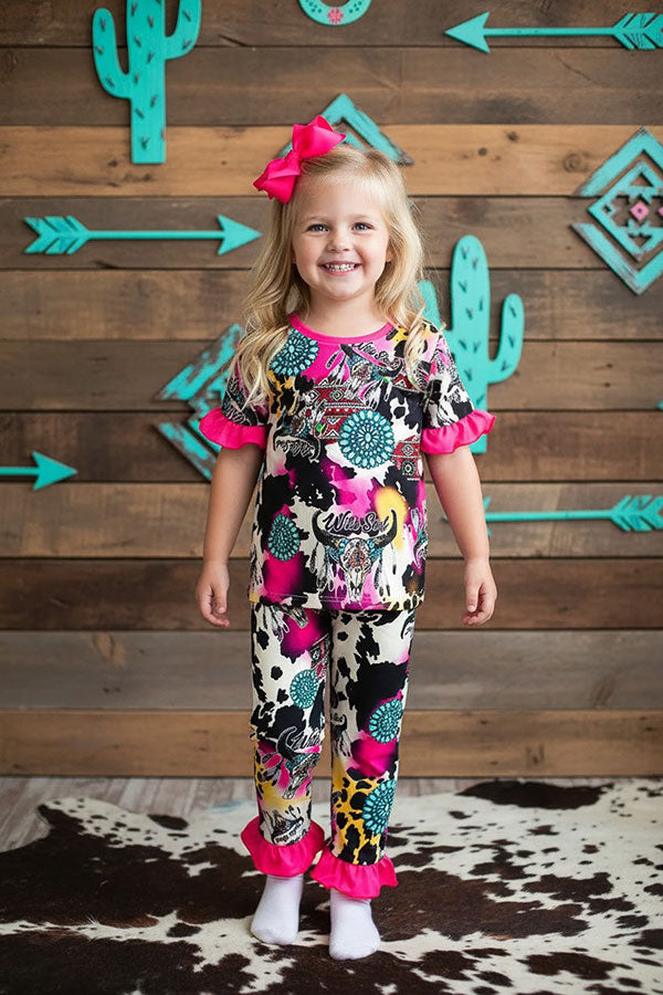 Western WILD SOUL concho & animal top bottom girls boutique set DLH2324