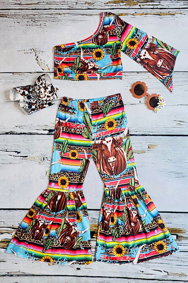 Western serape & cow one arm top & bell bottoms girls boutique set DLH2326