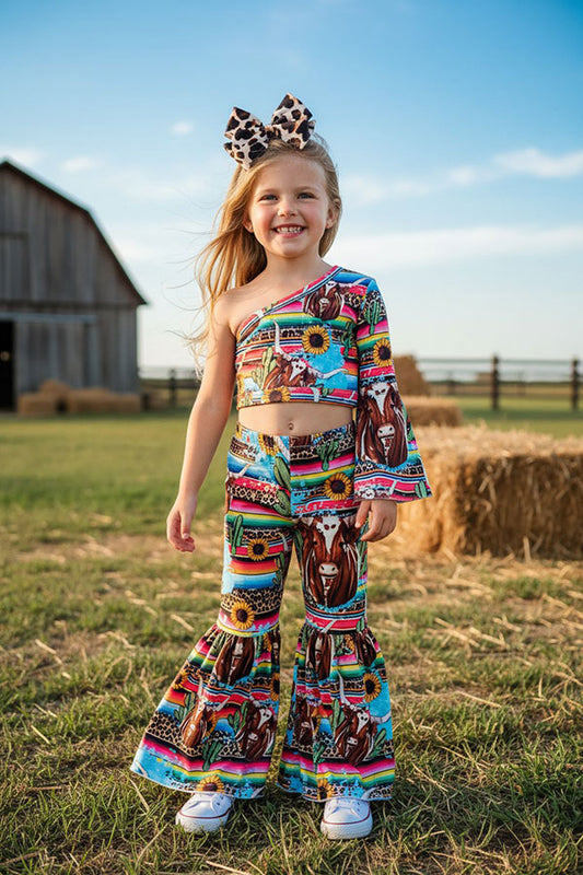 Western serape & cow one arm top & bell bottoms girls boutique set DLH2326
