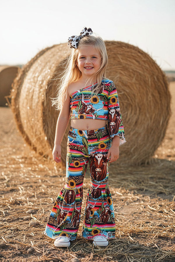 Western serape & cow one arm top & bell bottoms girls boutique set DLH2326