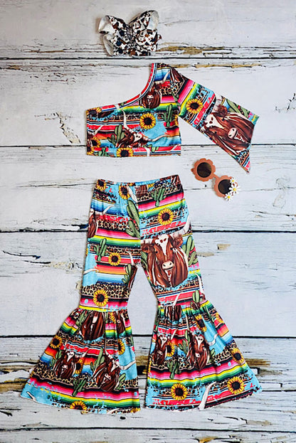Western serape & cow one arm top & bell bottoms girls boutique set DLH2326