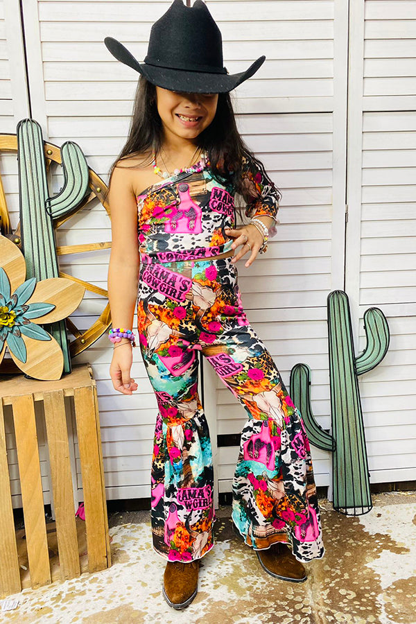 DLH2327 MAMAS COWGIRL printed crop top & bell bottoms girl set