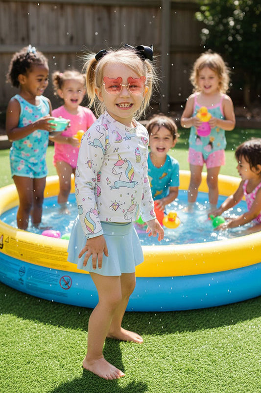 Unicorns, donuts, & ice cream cones baby blue 2pc swimsuit DLH2333