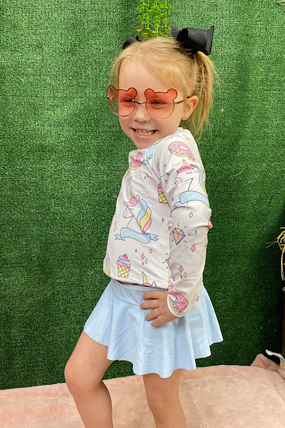 Unicorns, donuts, & ice cream cones baby blue 2pc swimsuit DLH2333