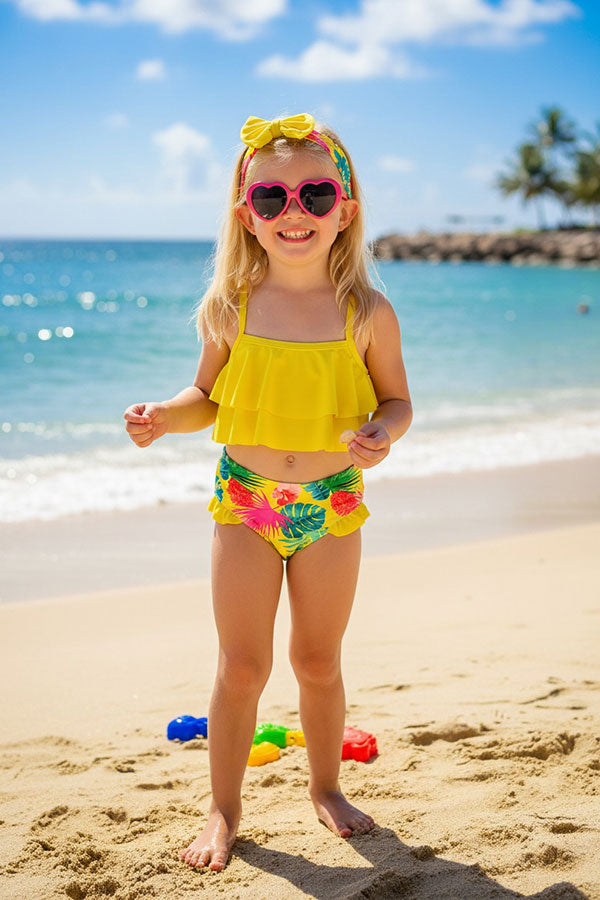 Trendy yellow tropical print girls boutique swimming suite 3pcs set DLH2335