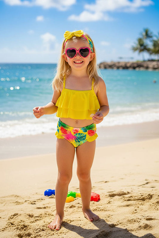 Trendy yellow tropical print girls boutique swimming suite 3pcs set DLH2335