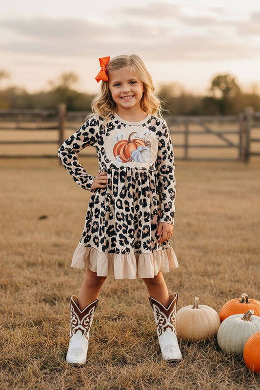 Western cheetah & pumpkins ruffle long sleeve girls boutique dress DLH2336