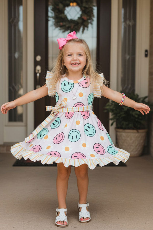 Chic happy face & daisy swirl girl's boutique dress DLH2337