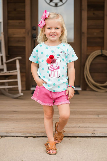 Western SODA Bubbly blue top pink distressed shorts girls boutique set DLH2341