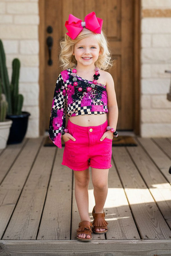 Western patchwork crop top w/pink distressed shorts girls boutique set DLH2343