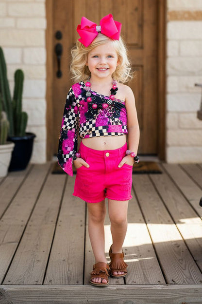 Western patchwork crop top w/pink distressed shorts girls boutique set DLH2343