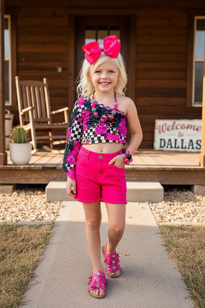 Western patchwork crop top w/pink distressed shorts girls boutique set DLH2343