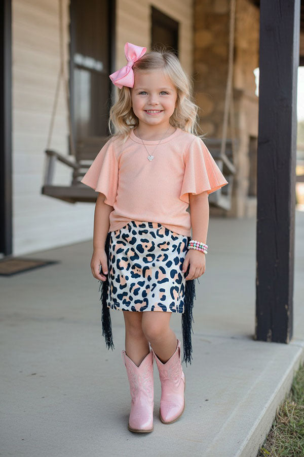 Western peach top & leopard fringe skirt girl's boutique set DLH2344
