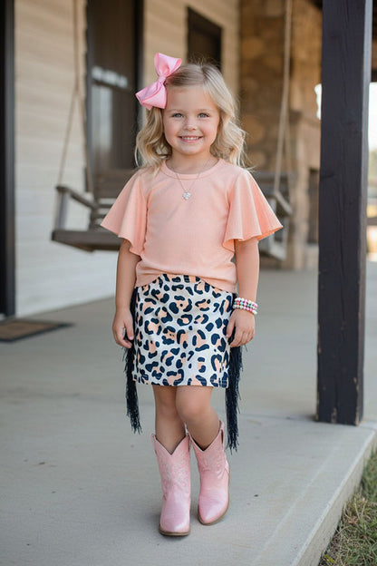 Western peach top & leopard fringe skirt girl's boutique set DLH2344