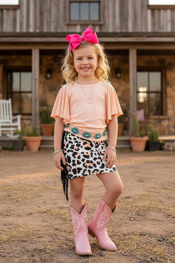 Western peach top & leopard fringe skirt girl's boutique set DLH2344