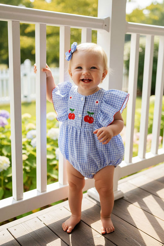 Embroidered cherries & flowers ruffle baby romper DLH2350
