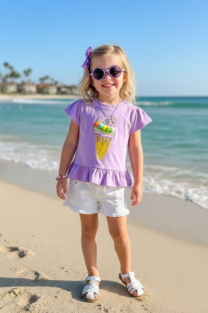 Western Ice cream top w/pompoms & white shorts girls boutique set DLH2352