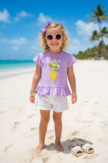Western Ice cream top w/pompoms & white shorts girls boutique set DLH2352