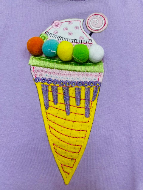 Light purple embroidered ice cream cone top w/white denim shorts 2pc set D2352