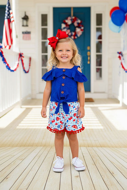 Children clothing suppliers 4TH JULY blue top & Stars Striped printed short girls sets DLH2355
