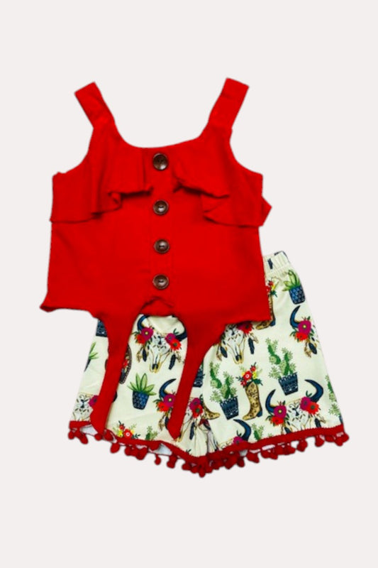 Red top w/western print pompom shorts 2pc set D2356