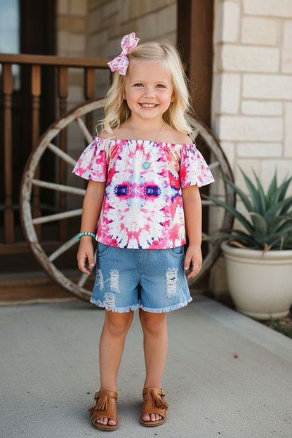 Western tie dye blouse w/denim shorts girl's boutique set DLH2358