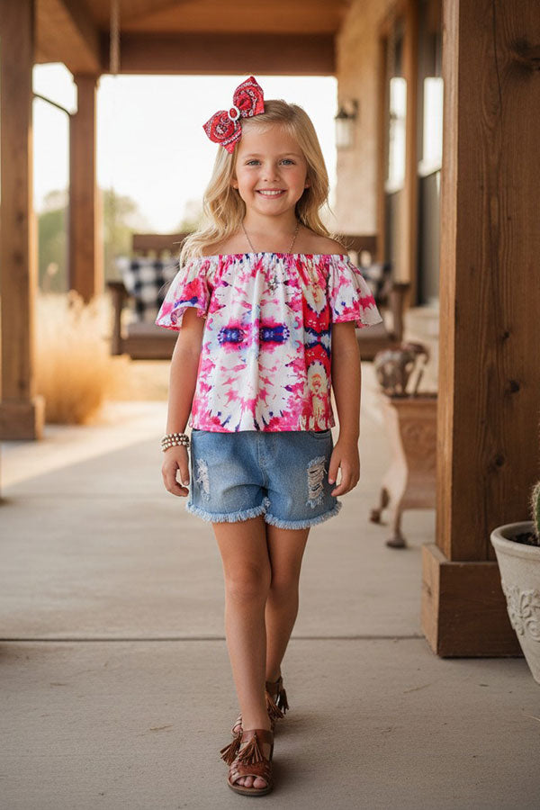 Western tie dye blouse w/denim shorts girl's boutique set DLH2358