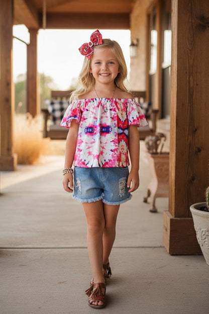 Western tie dye blouse w/denim shorts girl's boutique set DLH2358