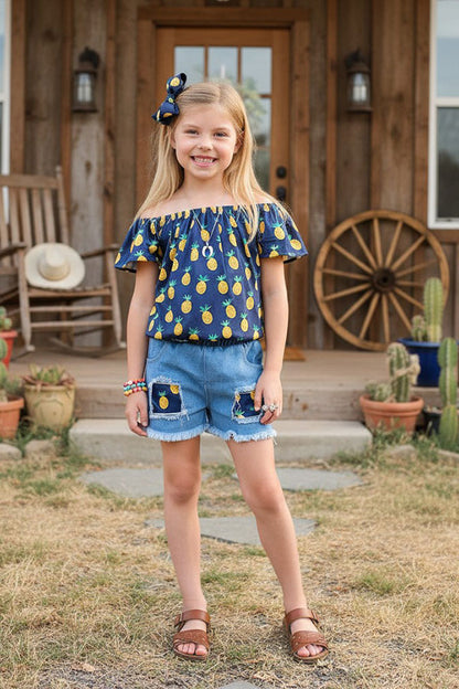 Chic pineapple off shoulder top denim shorts girls boutique set DLH2360