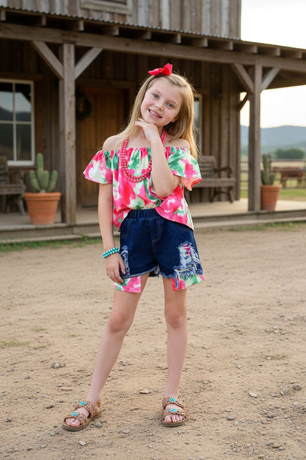Western tie dye off the shoulder blouse denim shorts girls boutique set DLH2361