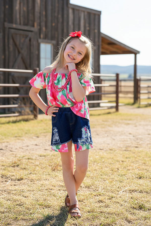 Western tie dye off the shoulder blouse denim shorts girls boutique set DLH2361