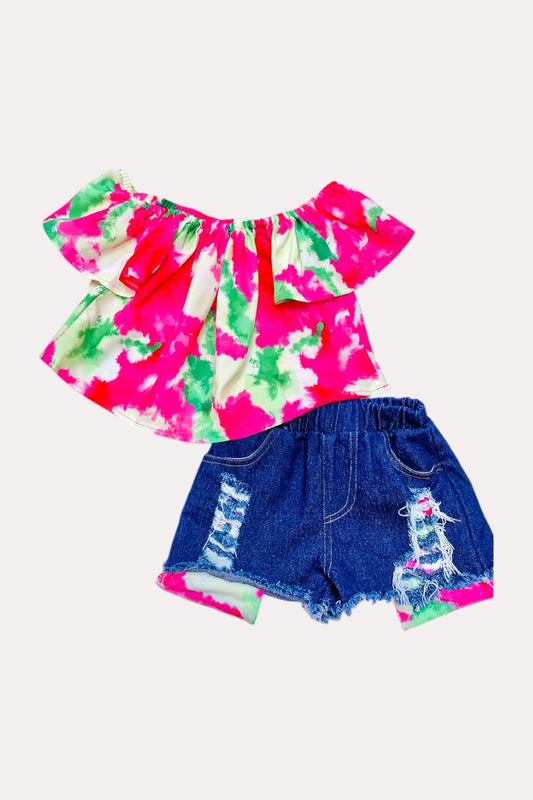D2361 Hot pink & green tie dye off the shoulder top w/blue denim shorts set