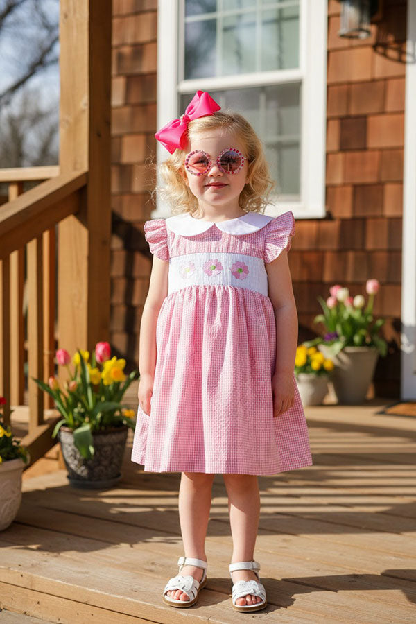Pink flower embroidery flutter smocking girls dress DLH2362