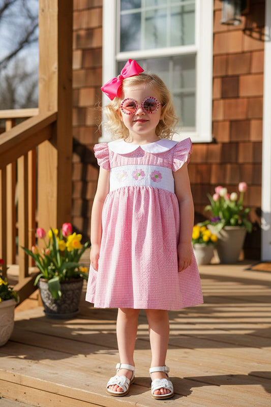 Pink flower embroidery flutter smocking girls dress DLH2362