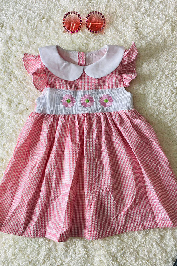 Pink flower embroidery flutter smocking girls dress DLH2362
