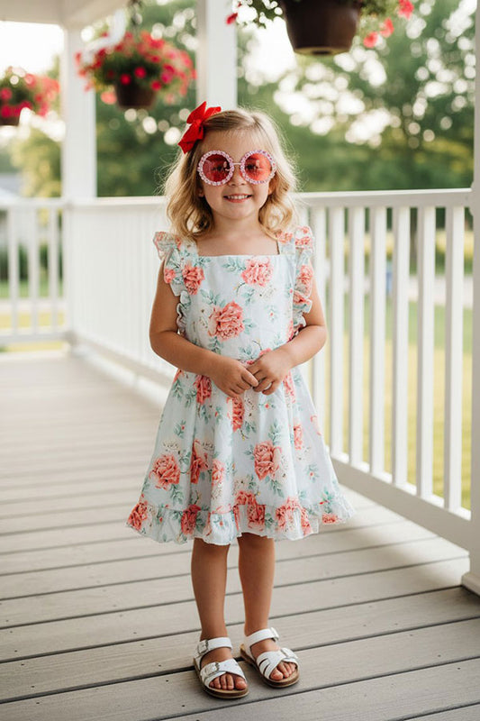 Chic casual floral girl boutique dress w/criss cross back DLH2363