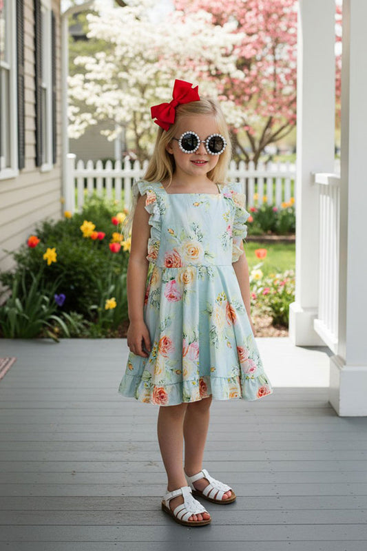 Trendy turquoise floral print girls bouitique dress DLH2364