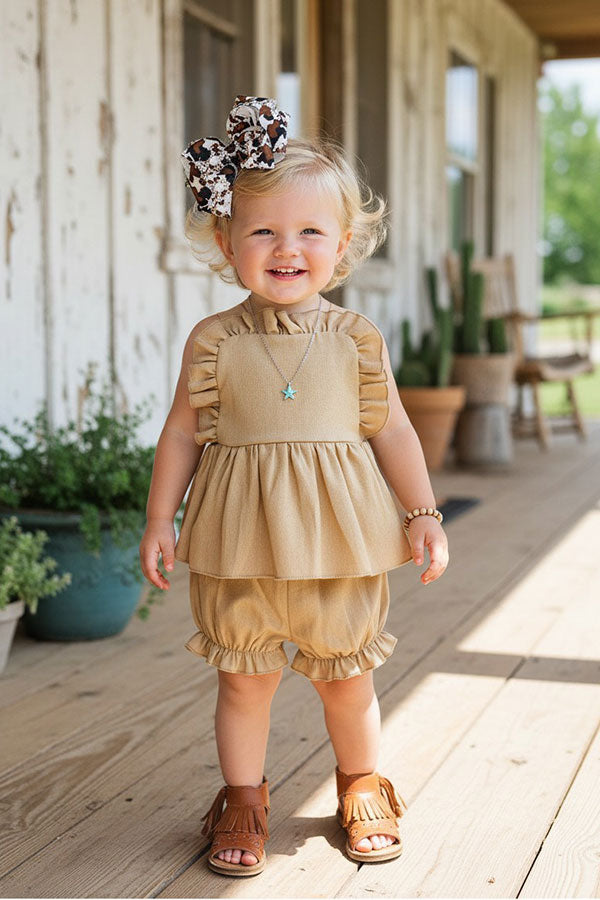Western brown ruffle top & shorts baby boutique set DLH2377