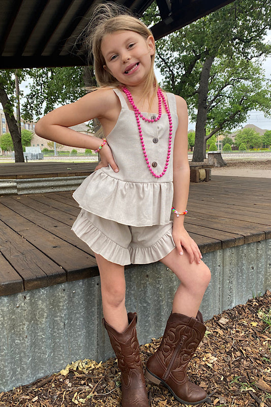 DLH2378 Plain summer gauze soft 2pc ruffle girls sets