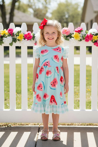 DLH2380 Aqua watermelons swirl short sleeve girls dress