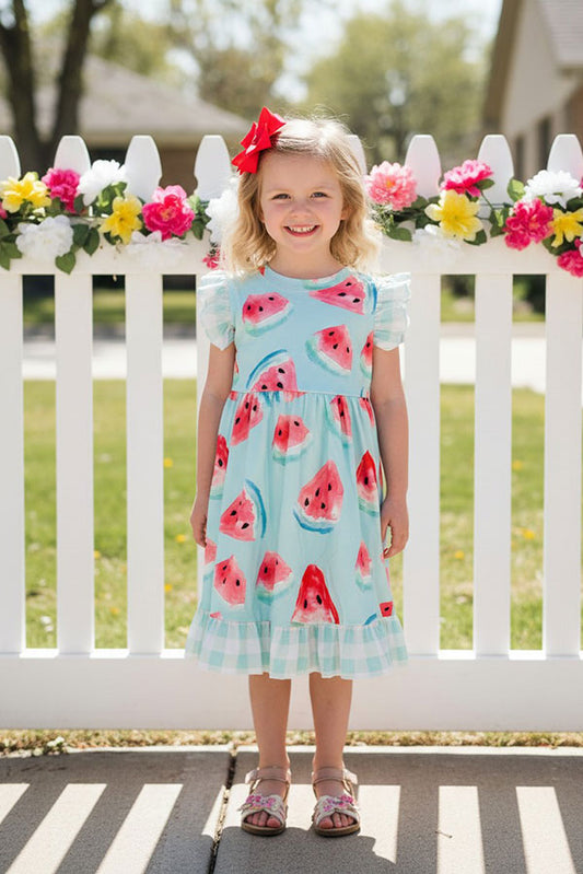 DLH2380 Aqua watermelons swirl short sleeve girls dress