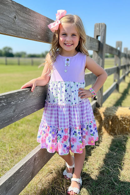 Trendy princess purple floral multi print boutique girl dress DLH2381