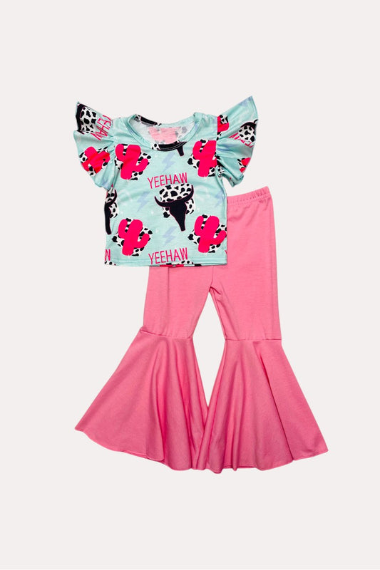 D2384 "YEEHAW" cactus & bull skull top pink pant 2pc girls set