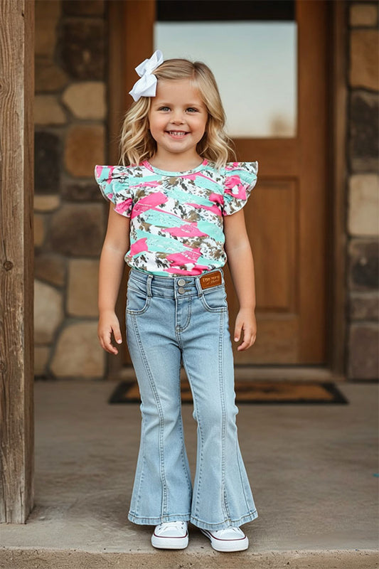 Western urquoise leopard short sleeve girls boutique crop top DLH2386