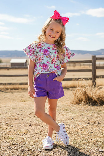 Western floral top purple denim shorts girls boutique sets DLH2389