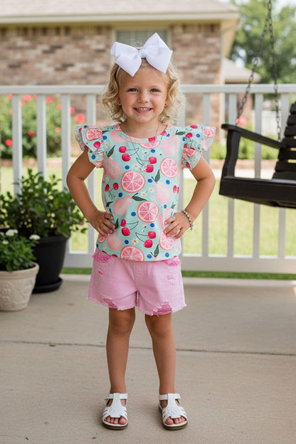 Chic Lemon Cherry Pear ruffle short sleeve girls boutique top DLH2390