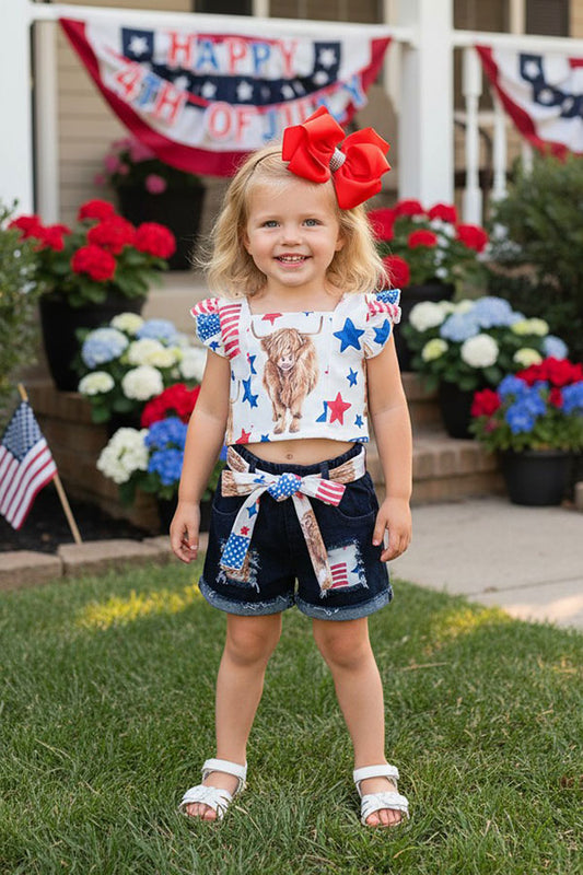 4th of July bull printed backless top patched denim shorts 2pcs girls set DLH2392