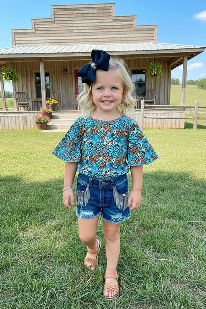 Western leopard & floral turquoise bell sleeve girls boutique top DLH1124-3