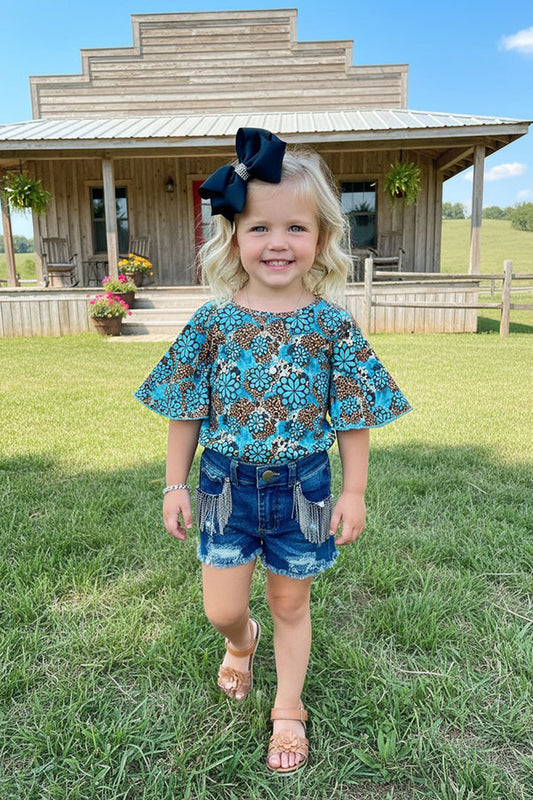 Western leopard & floral turquoise bell sleeve girls boutique top DLH1124-3